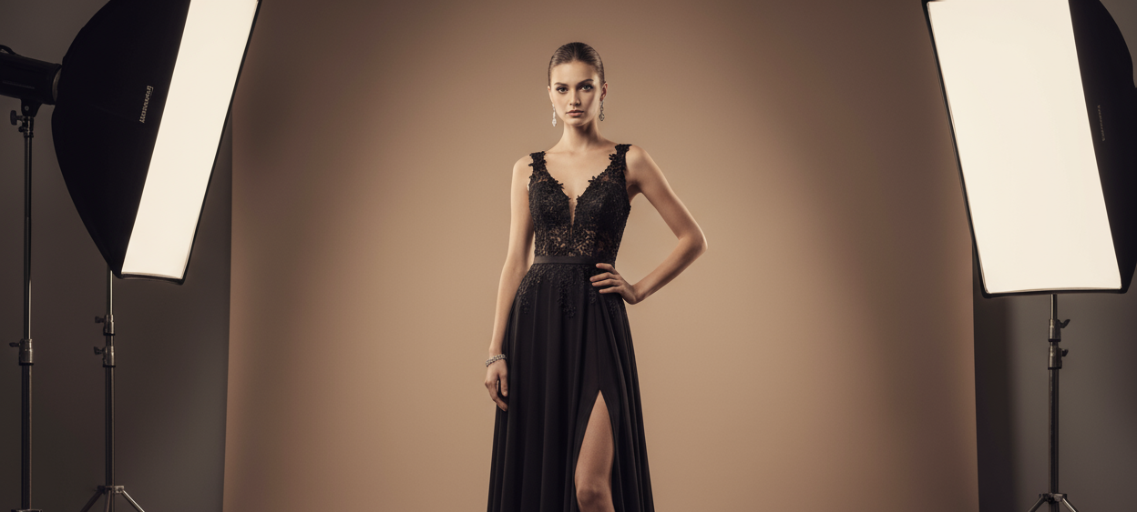 women model wearing elegant black dress, head to toe visible, background light brown photostudio